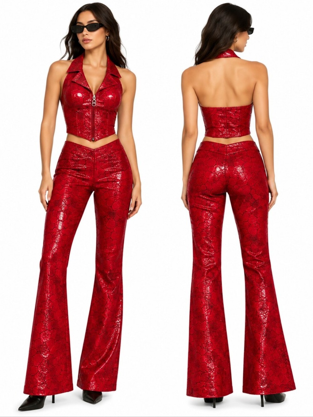 Vintage Y2K Caché Red Croc Print Halter Top Pants 2 Piece Set Wet Look (S/M)